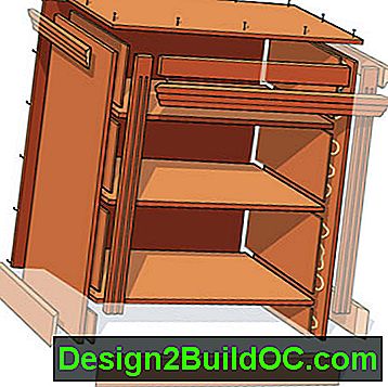 illustration som beskriver hur man monterar sidorna, hyllorna, ryggen och toppen när man bygger en liten bokhylla